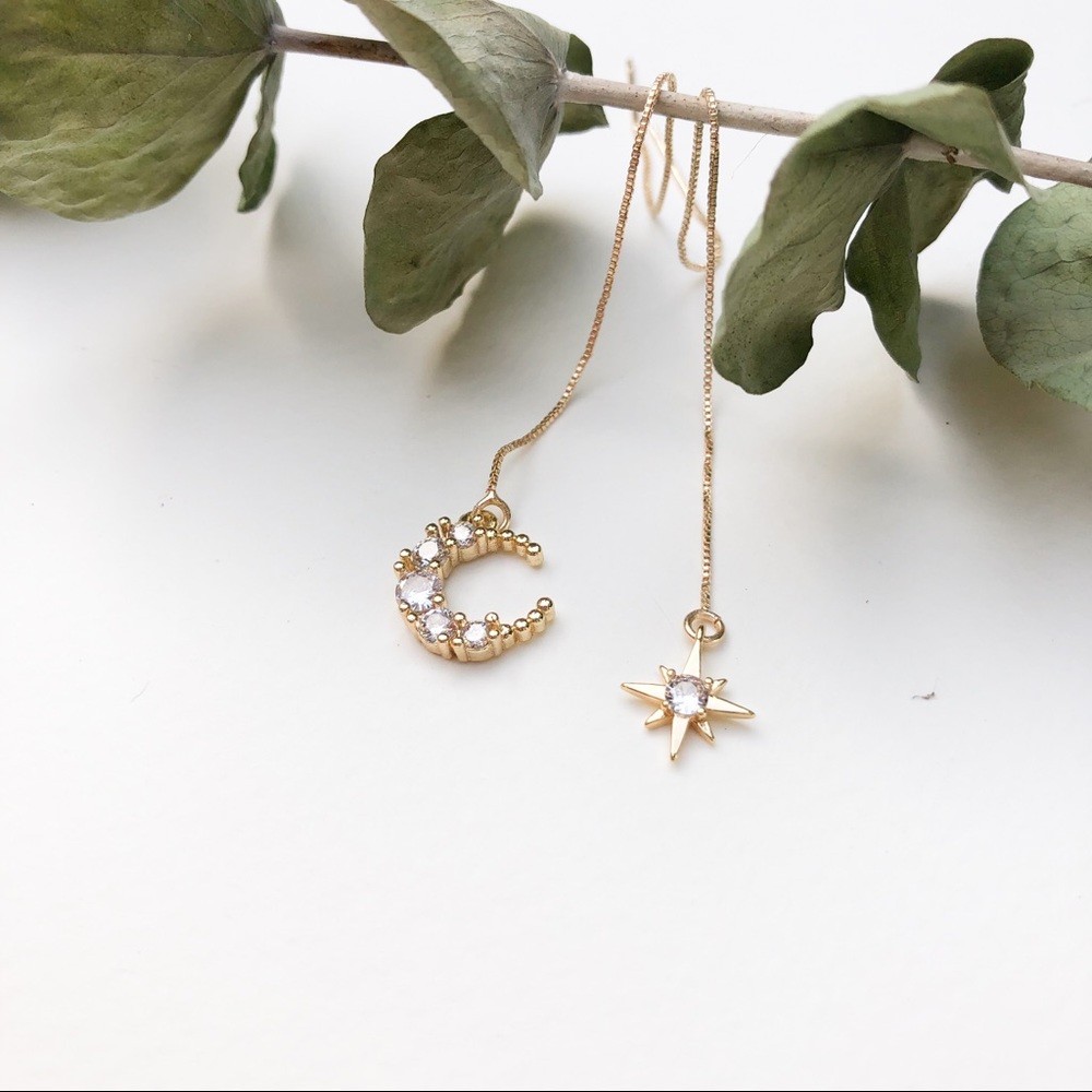 Moon star ear threader gold filled earrings